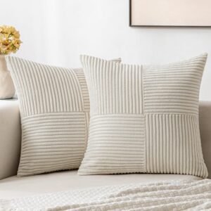 Beige Corduroy Pillow Covers Pack of 2 Boho Decorative Spliced Throw Pillow Covers Soft Solid Couch Pillowcases Cross Patchwork Textured Cushion Covers for Living Room Bed Sofa 18x18 inch