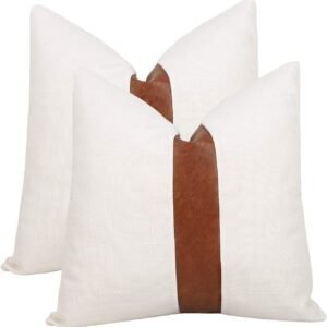 Set of 2 White Linen Patchwork Faux Leather Throw Pillow Covers for Couch Living Room Bedroom, Modern Accent Decor Square Covers 16x16 inch, Brown and White