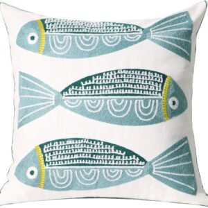 1 PCS Embroidered Throw Pillow Cover Cotton Decorative Square Cushion Cases for Home Sofa Bed and Chair 18 x 18 Inch (Blue Fish)