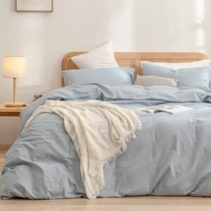 Duvet Cover Set 100% Washed Cotton Linen Feel Super Soft Comfortable Chic Lightweight 3 PCs Home Bedding Set Cornflower Blue Queen