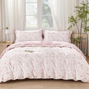 Pink Daisy Floral Duvet Cover Set 3pcs King Size Botanical Flower Bedding Comforter Cover Set 100% Cotton 1 Duvet Cover 104"x90" 2 Pillow Shams, Comforter Not Included