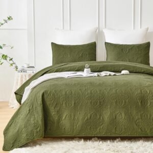 King Quilt Bedding Set,Olive Green Bedspread Coverlet with 2 Pillow Shams,Lightweight Quilt Set,Bohemian Floral Pattern Summer Quilt,Soft Bed Cover for All Season(Olive Green,96"x110")