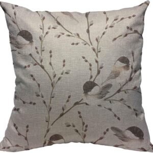 Throw Pillow Cover Willow Branches Black-Capped Chickadee Cotton Linen Square Pillowcases Animal Gray Bird Vintage Watercolor Decorative Floral Spring Modern Cushion Cover Home Decor 18 X 18 Inch