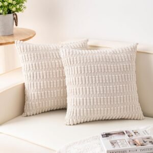 Pack of 2 Corduroy Decorative Throw Pillow Covers 18x18 InchSoft Boho Striped Pillow Covers Modern  Home Decor for Sofa Living Room Couch Bed（Cream White）