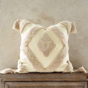 Woven Tufted Boho Throw Pillow Cover, Modern Decorative Geometric Diamond Chevron Square Cushion with Tassels,  Tribal Pillowcases for Couch Sofa Bedroom Living Room, 18 x 18 Inches, Ivory