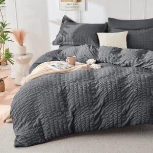 Dark Grey Duvet Cover Queen Size, Ultra Soft 3-Piece Seersucker Duvet Cover Set with Zipper Closure, Soft Brushed Microfiber Bedding Set with 8 Corner Ties (90"x90", 2 )