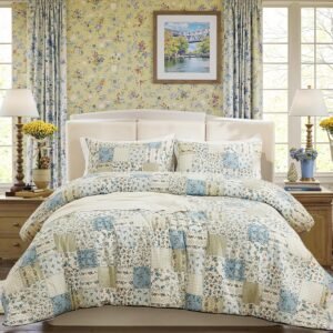 Blue Floral Duvet Cover Set Queen Size 100% Cotton Botanical Patchwork Vintage Bedding Quilt Cover All Season 3 Pieces Soft Lightweight Comforter Cover(Blue Patchwork, Queen)