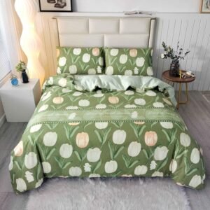 3PCS Green Floral Duvet Cover Queen Set, 1 Duvet Cover and 2 Pillowcase, Soft Microfiber, Green Floral Queen Duvet Cover with Zipper and Corner Ties
