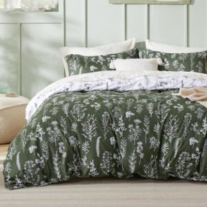 Duvet Cover Queen Size - Reversible Dark Green Queen Duvet Cover Set with Zipper Closure, 3 Pieces Floral Patterned Bedding Set with 8 Corner Ties and 2 Pillow Shams