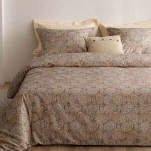 Egyptian Cotton Duvet Cover Queen Size Sateen Weave, Silky Soft Boho Duvet Cover Zipper Closure, Long Staple Cotton Bed Linen Paisley Pattern 3Pcs